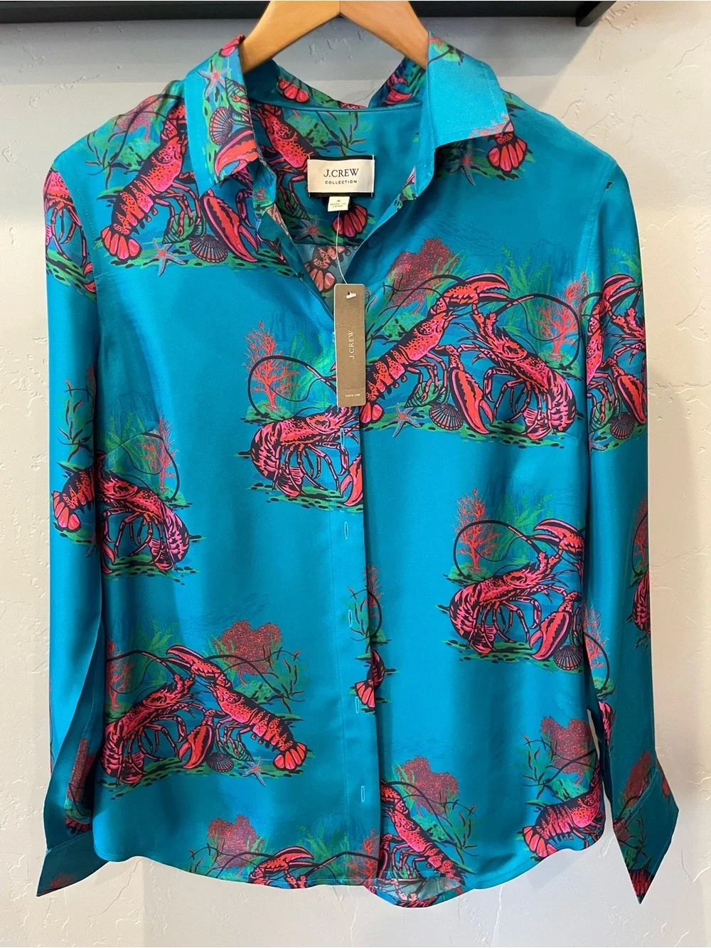 NWT J. Crew collectors Teal Button-Up Blouse with Lobster Print 6